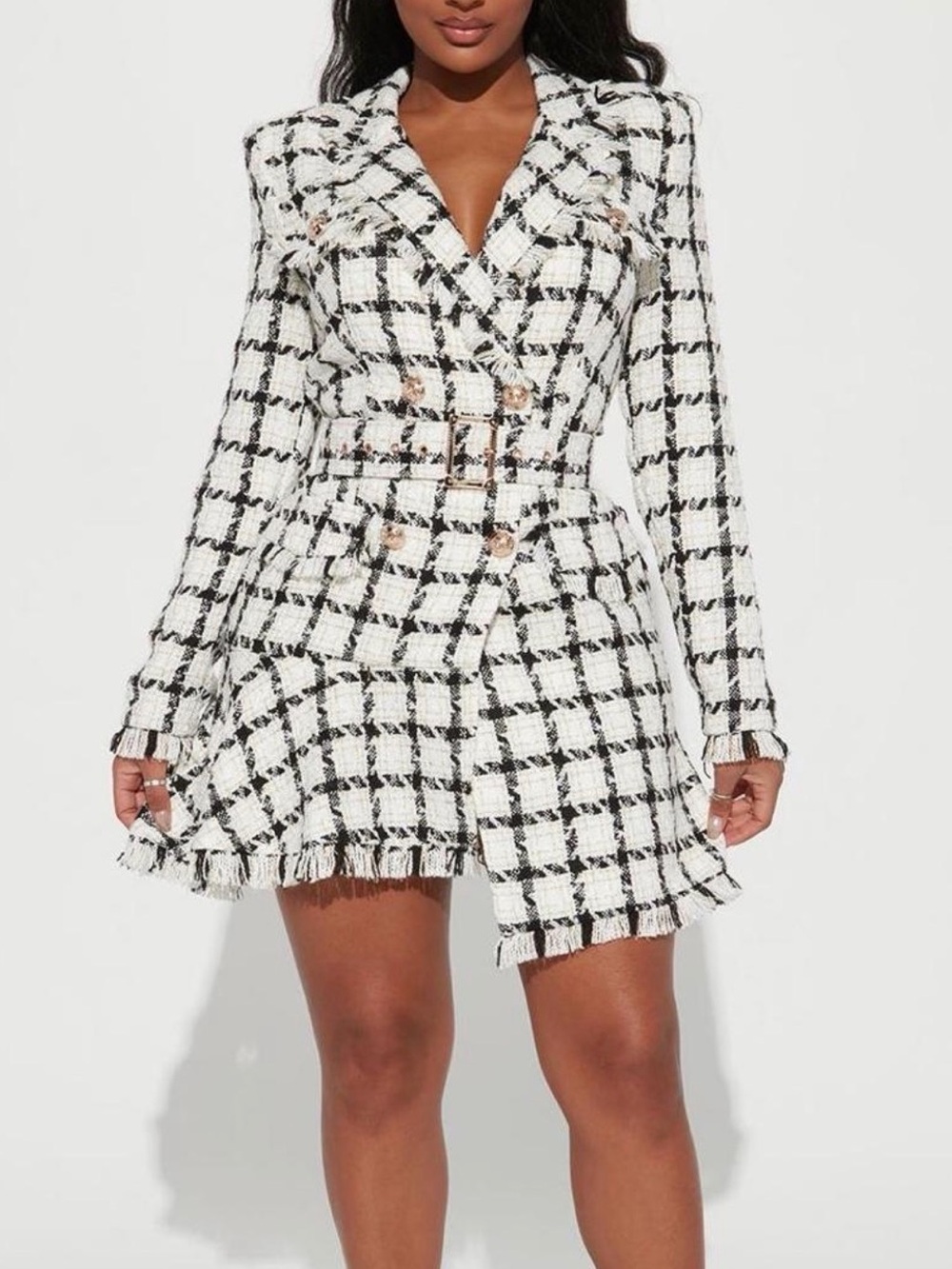Fashion Nova Black & White Plaid Tweed Blazer Dress